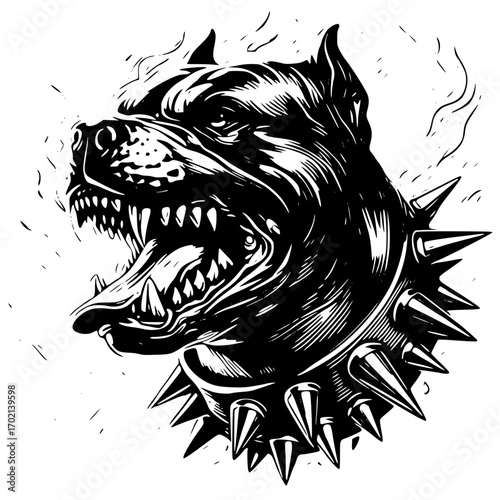 Angry pitbull with spiked collar showing teeth