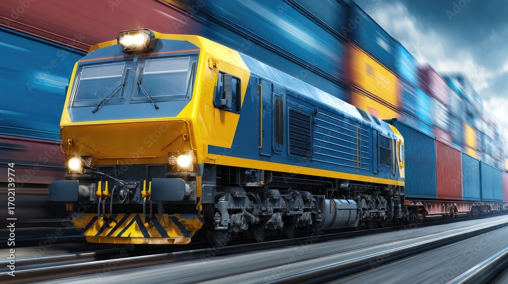 Fototapeta premium A yellow and blue train traveling on tracks with colorful cargo containers.