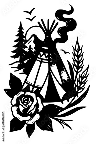 Teepee with a rose and wheat in black and white
