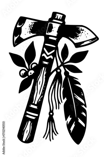 Tomahawk with feather in black and white style