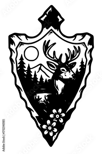 Hand drawn arrowhead with deer, forest, moon, and flowers