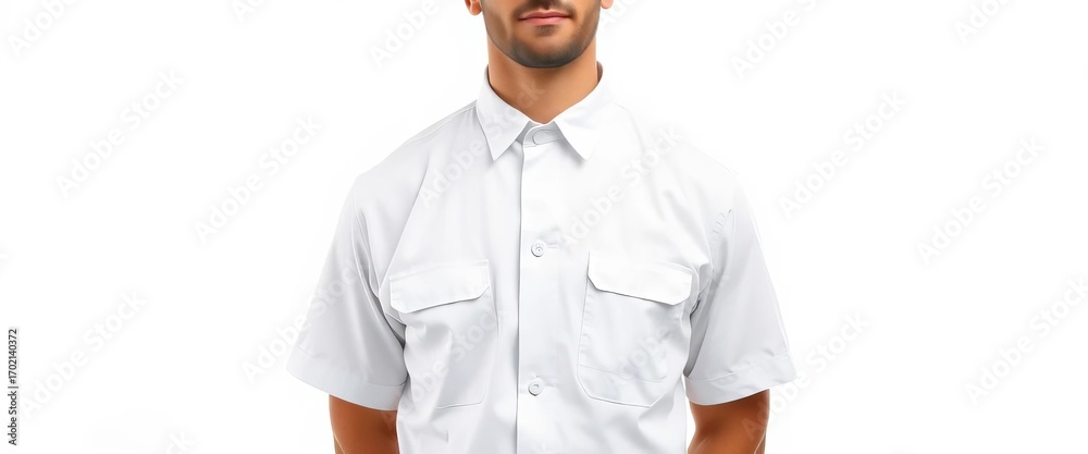 Naklejka premium A uniformed waiter, isolated on a pure white backdrop, tray, element