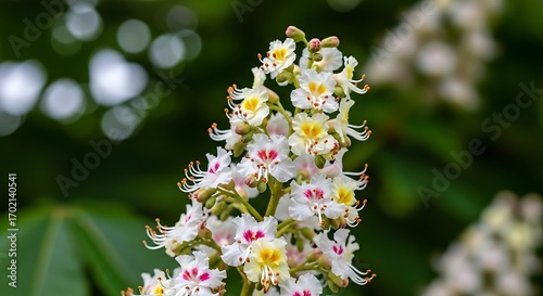 Close up of a blooming horse chestnut tree flower cluster with green blurred background.