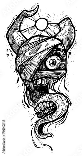Creepy monster head with horns and bandage