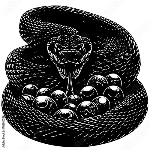 Aggressive snake coiled around eggs