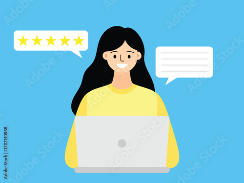 vector flat design illustration of a woman gave good reviews and gave a five star rating