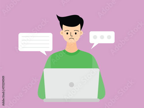 vector flat design illustration of a man doing assignments with a laptop