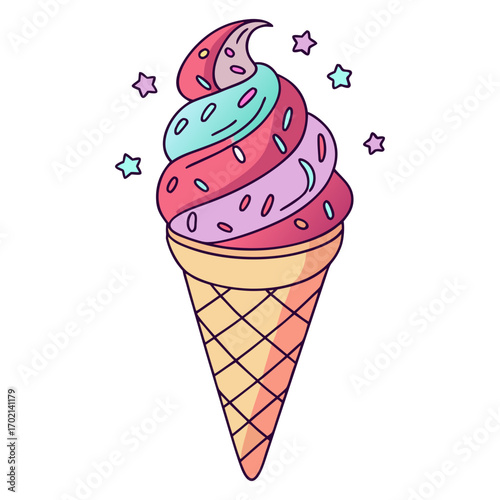 Rainbow Swirl Ice Cream Cone with Sprinkles Vector Illustration