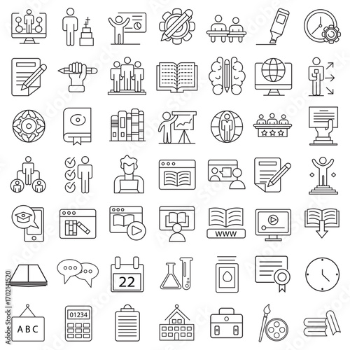 Education Line Icons Editable Stroke. Book, Audiobook, E-Reader, Studying, Tutorial, Personal Organizer, Diary, learning and research in education, school or college.