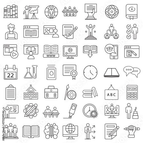 Education Line Icons Editable Stroke. Book, Audiobook, E-Reader, Studying, Tutorial, Personal Organizer, Diary, learning and research in education, school or college.