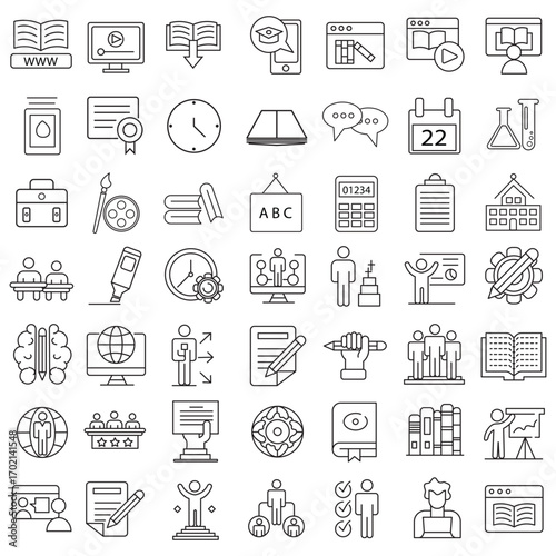 Education Line Icons Editable Stroke. Book, Audiobook, E-Reader, Studying, Tutorial, Personal Organizer, Diary, learning and research in education, school or college.