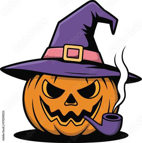 Orange jack o lantern wearing purple witch hat smoking pipe