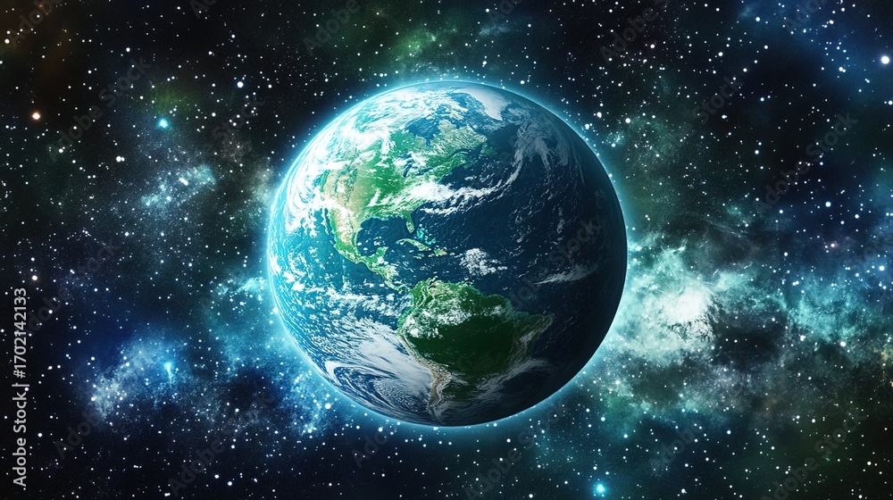 Fototapeta premium continent. Vibrant Earth globe floating in space, showcasing continents with atmospheric lighting. ESG reports, sustainability campaigns, designed for environmental awareness campaigns.