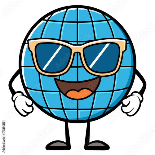 Cool cartoon globe character wearing stylish sunglasses, beaming with joy and ready for adventure, perfect for global themes