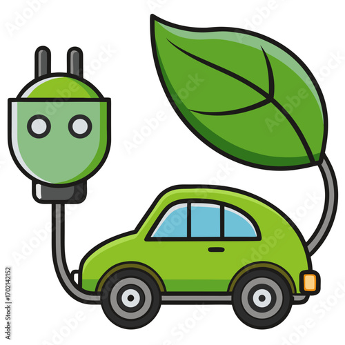 Embrace sustainable travel with a vibrant green electric car charging symbol seamlessly integrated with a fresh leaf, symbolizing eco-friendly transportation and a greener future.