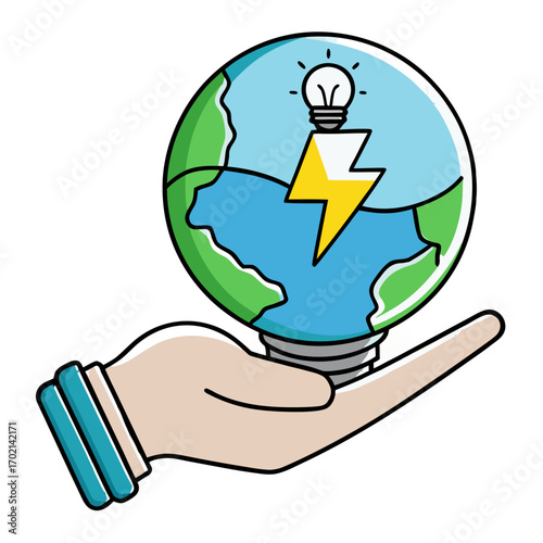 Nurturing global innovation and sustainable energy solutions with a hand holding a bright idea for a thriving planet