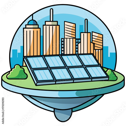 Modern city powered by clean solar energy, envisioning a sustainable urban future with renewable power generation for eco-friendly living and business growth.