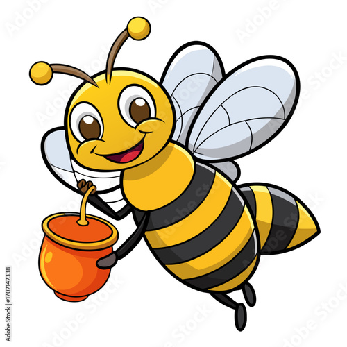 Joyful cartoon bee carrying a honey pot with a cheerful smile, perfect for children's stories and sweet product branding