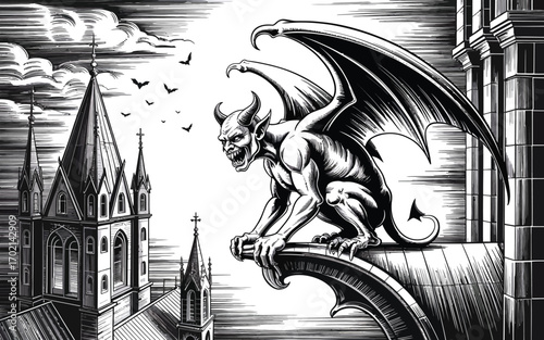 Gargoyle perched on gothic architecture with bats flying