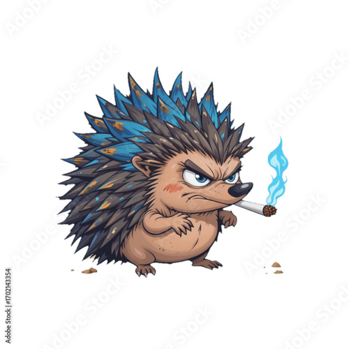 Flat colored hedgehog illustration with quills glowing blue flames