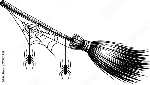 Black and white illustration of a witch's broom with spiders and web