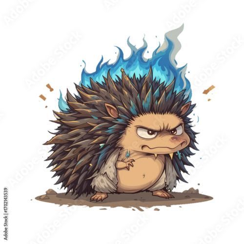 Flat colored hedgehog illustration with quills glowing blue flames