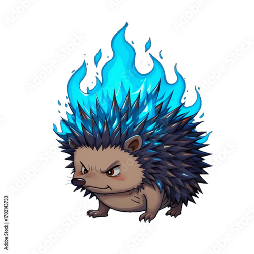 Flat colored hedgehog illustration with quills glowing blue flames