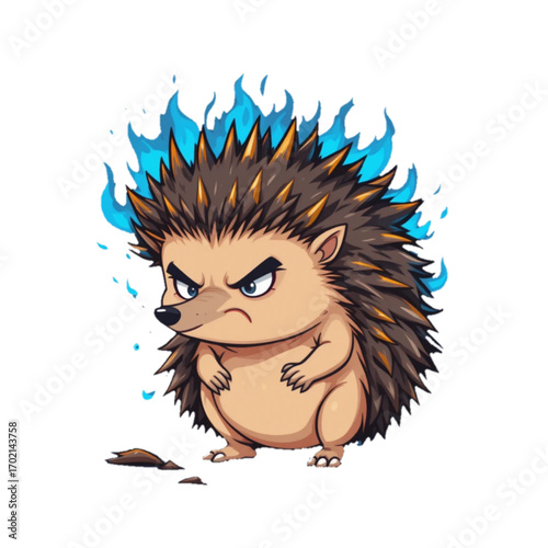 Flat colored hedgehog illustration with quills glowing blue flames