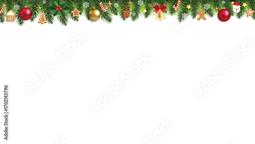 Border with green fir branches, red balls, gold stars, golden lights