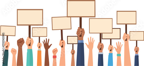 Diverse hands holding blank signs aloft for powerful social change and community activism concepts