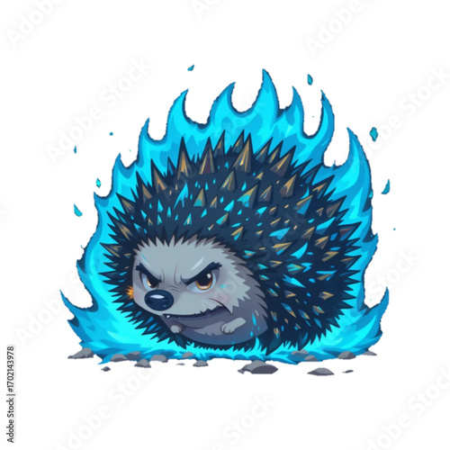 Flat colored hedgehog illustration with quills glowing blue flames