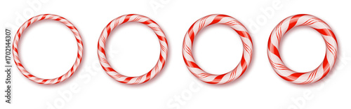 Christmas candy cane circle frame. Red and white striped festive holiday border vector PNG