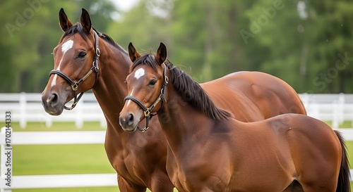 Brown Mare and Foal in Pasture.