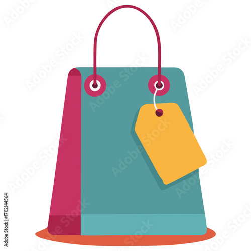 Colorful Shopping Bag with Price Tag in Flat Vector Style on Transparent Background.