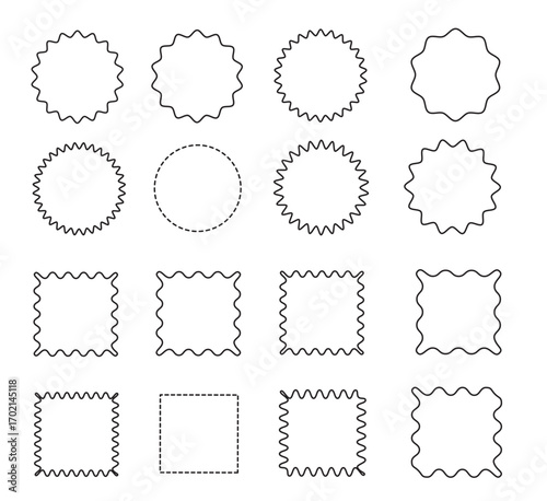 Geometric zig zag wavy stickers.  Wavy circle, oval and rectangular shape elements .  Vector graphic illustration . Isolated on white  background.  