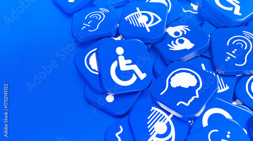 Symbols of Accessibility: An array of bright blue symbols representing various disabilities and access needs.