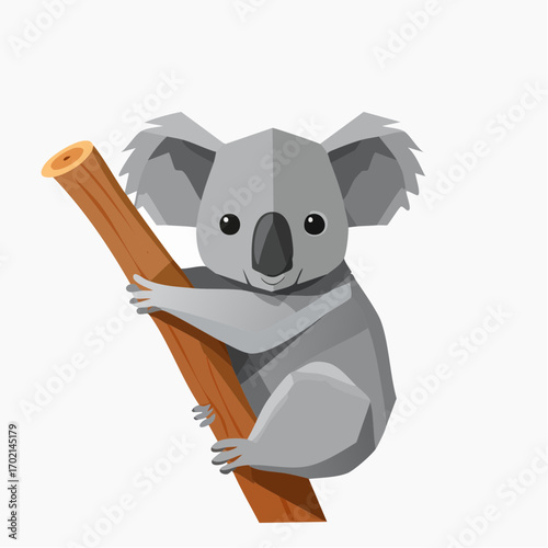 Charming geometric koala illustration climbing a tree branch, a cute Australian animal graphic isolated on a transparent background