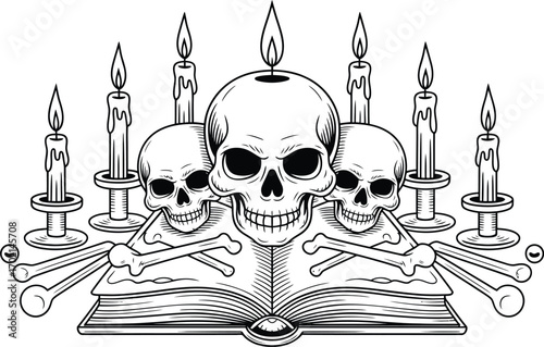 Three skulls on open book with candles and bones death