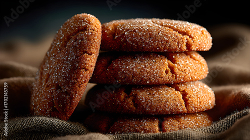 Fototapeta Naklejka Na Ścianę i Meble -  Pumpkin spice cookies stacked on rustic linen cloth, rim light highlighting sugar detail, telephoto close-up, analogous warm palette, 
