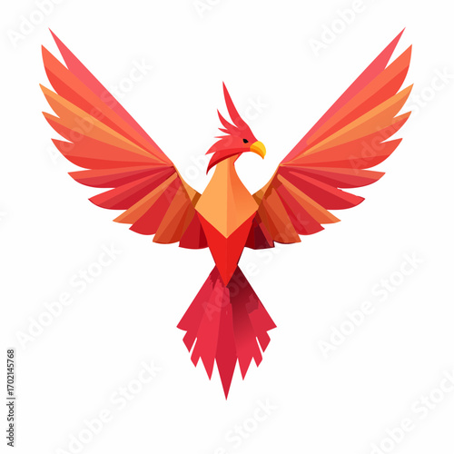 Majestic phoenix rising with fiery orange wings, a vibrant geometric bird symbol illustration isolated on a transparent background