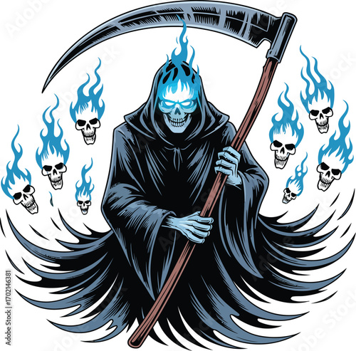 Grim Reaper with blue flaming skulls and scythe death