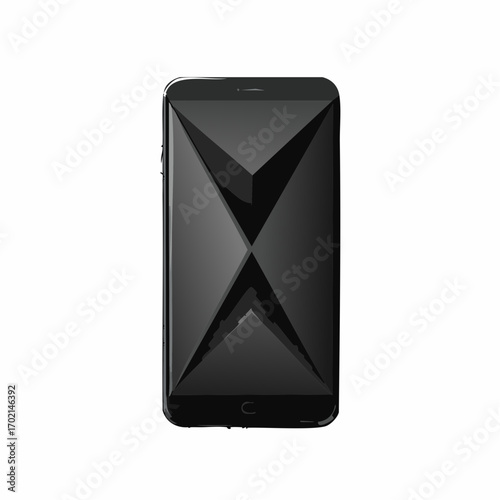 A modern black smartphone with a futuristic 3D geometric faceted design on the screen, presented as a mockup isolated on a transparent background