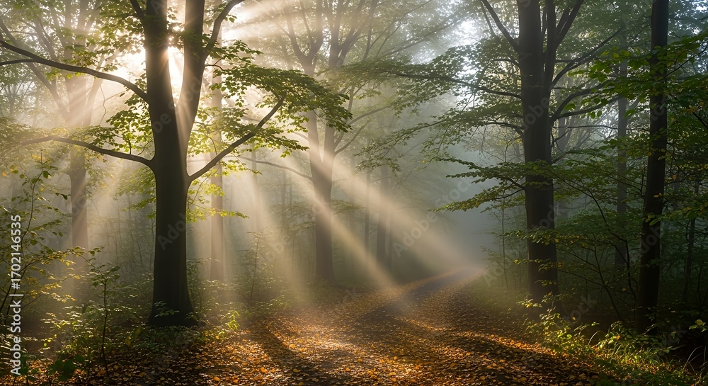 Obraz premium Vibrant Autumn Nature Sunbeams Filtering Through Misty Forest Canopy
