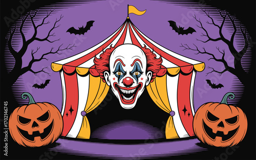 Scary clown face under circus tent with pumpkins and bats