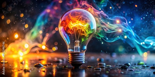Colorful Light Bulb Surrounded by Dynamic Smoke and Sparkling Bokeh