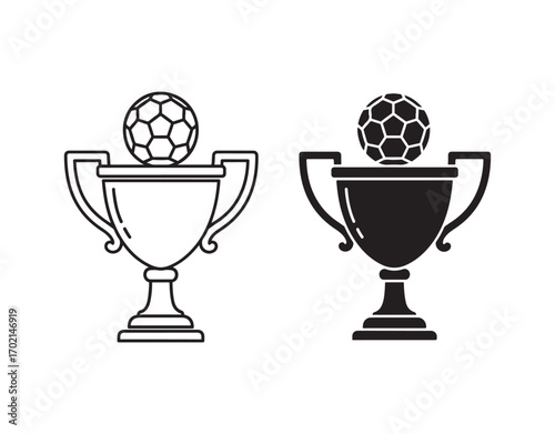 Winner cup line and solid icon. Championship soccer or football trophy, ball on top symbol, outline style pictogram on white background. Sport sign for mobile concept and web design