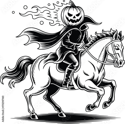 Black and white illustration of a headless horseman with a pumpkin head riding a galloping horse