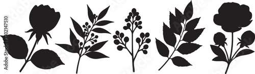 Black silhouette floral elements collection set plant sprigs and flowers
