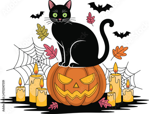 Black cat sits on carved pumpkin surrounded by candles and bats