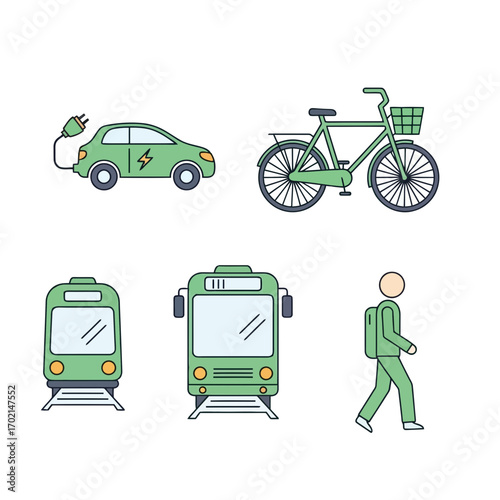 Green transportation icons including electric car bicycle train and pedestrian isolated on white background silhouette